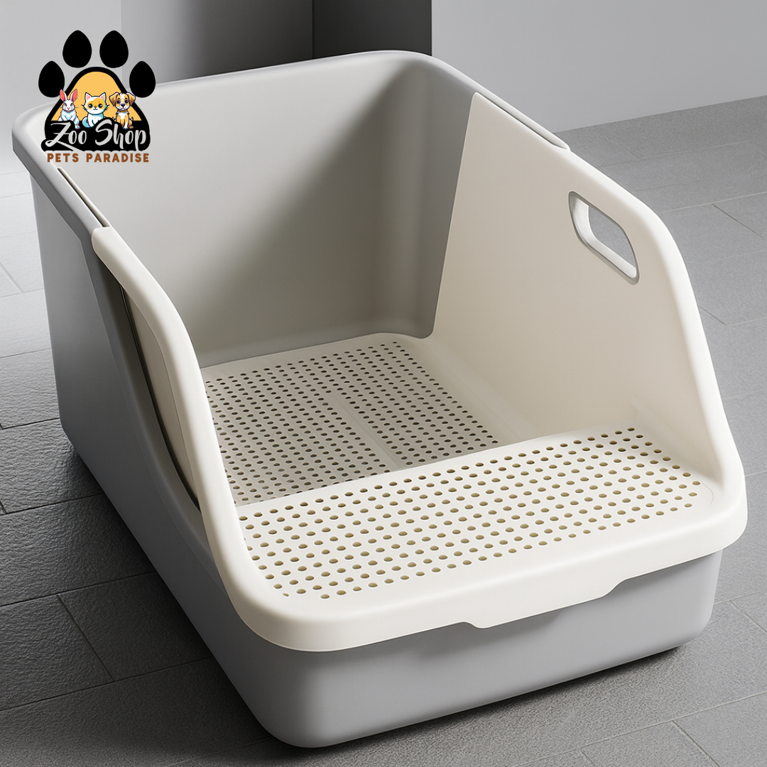 Arenero abierto con sistema de filtrado (colador) para la limpieza - Color gris y blanco