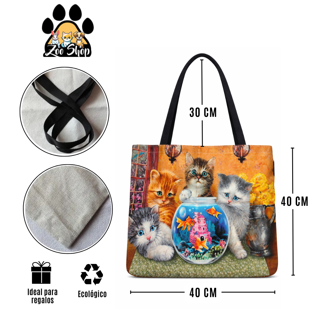 Tote Bag de Tela de Lino. Bolso Multiusos - Diseño #11 PECES Y BIGOTES