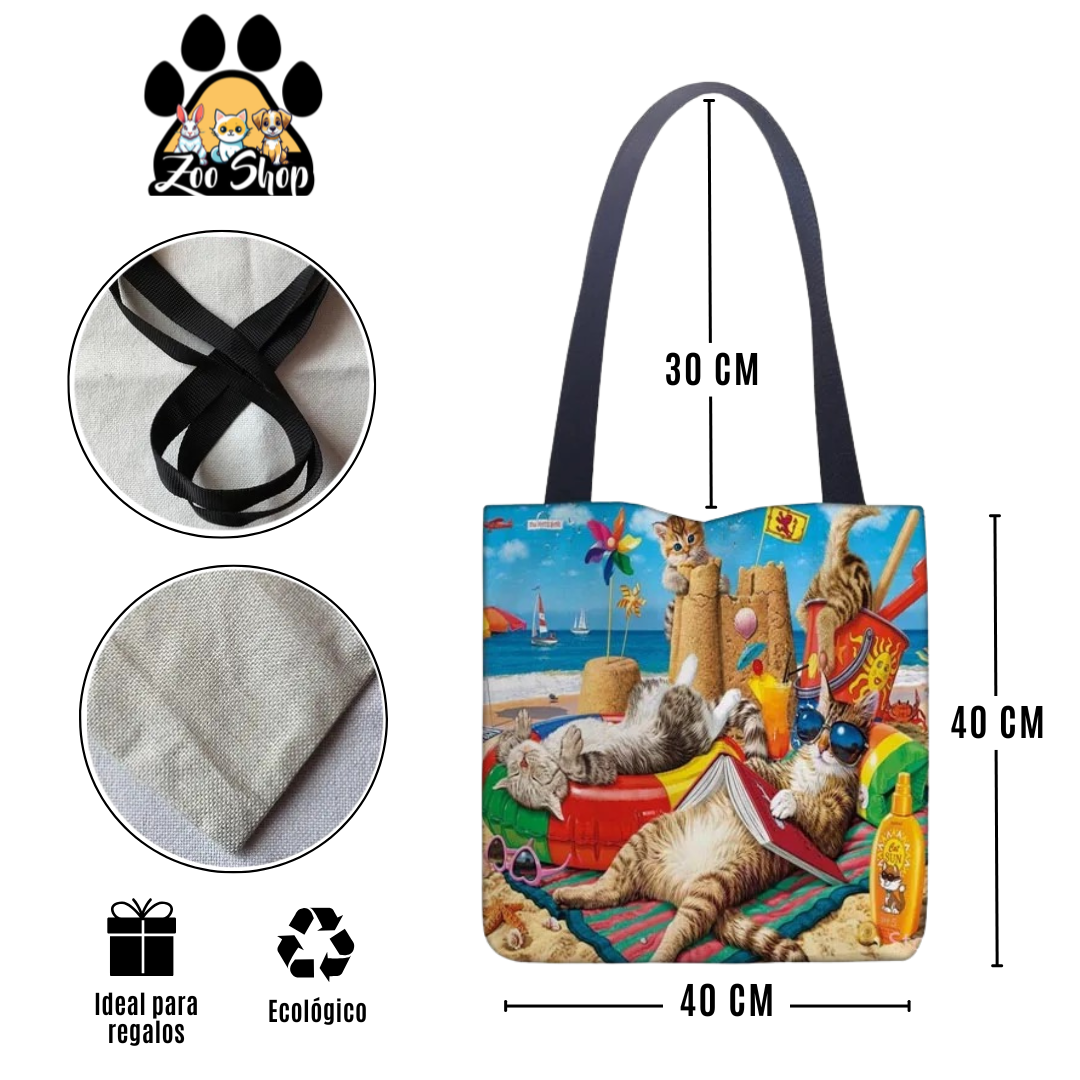 Tote Bag de Tela de Lino. Bolso Multiusos - Diseño #14 VERANO GATUNO