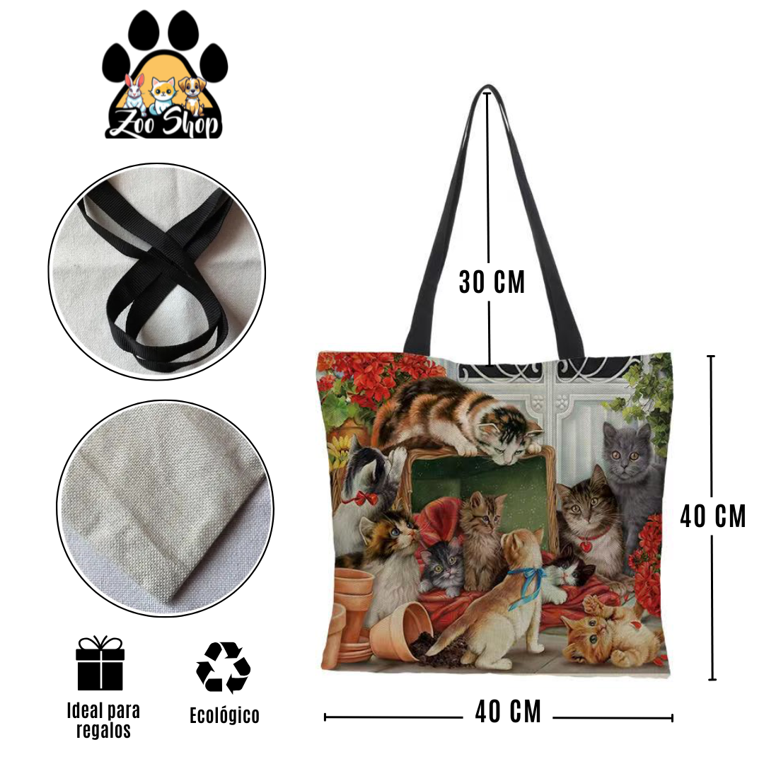 Tote Bag de Tela de Lino. Bolso Multiusos - Diseño #23 FAMILIA FELINA