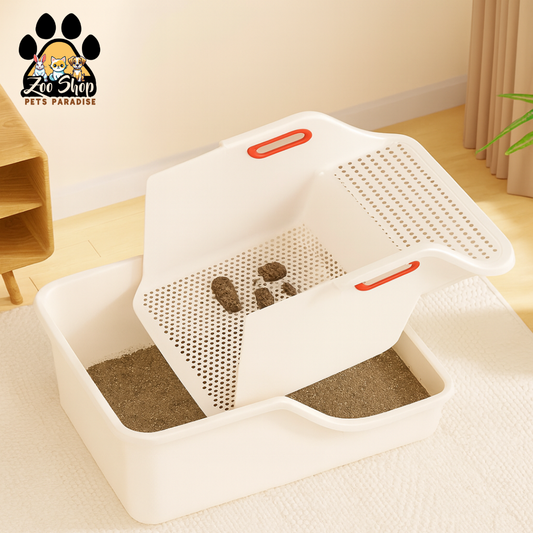 Arenero abierto con sistema de filtrado (colador) para la limpieza - Color blanco