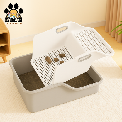 Arenero abierto con sistema de filtrado (colador) para la limpieza - Color gris y blanco