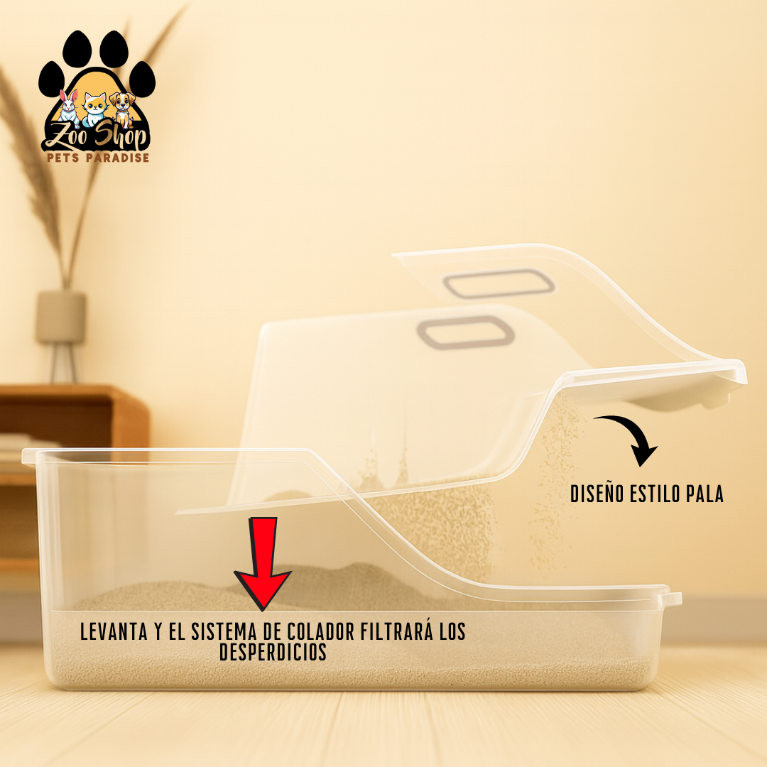 Arenero abierto con sistema de filtrado (colador) para la limpieza - Color gris y blanco