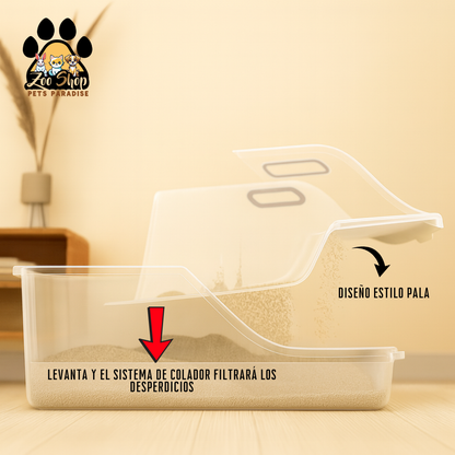 Arenero abierto con sistema de filtrado (colador) para la limpieza - Color gris y blanco