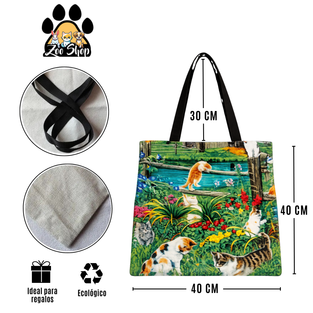 Tote Bag de Tela de Lino. Bolso Multiusos - Diseño #4 JARDÍN GATUNO