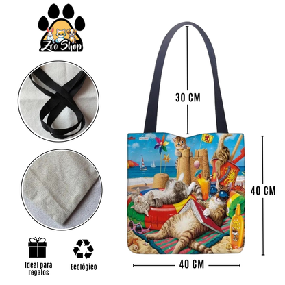 Tote Bag de Tela de Lino. Bolso Multiusos - Diseño #14 VERANO GATUNO