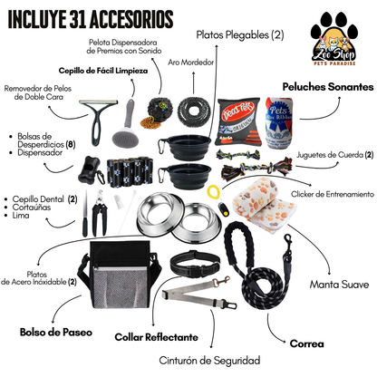 Kit Esencial para Perros 31 accesorios. Entrenamiento y Cuidado (Todo en Uno) - Color negro