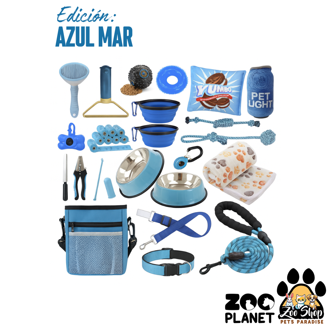 Kit Esencial para Perros 31 accesorios. Entrenamiento y Cuidado (Todo en Uno) - Color azul