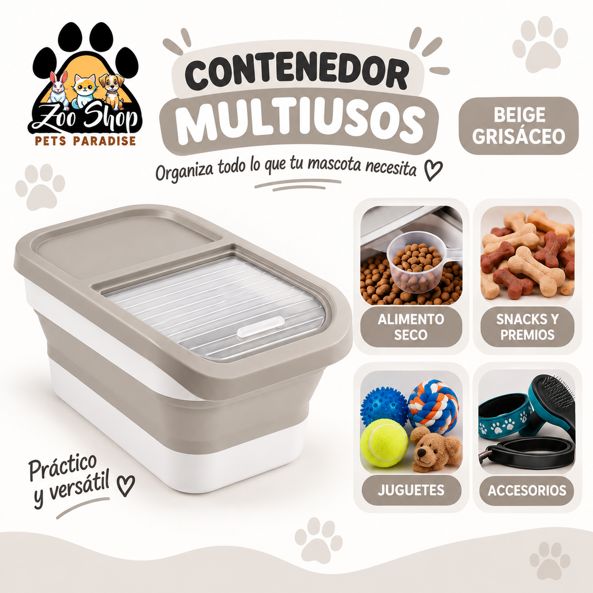 Contenedor Multiusos Para Alimentos y Accesorios de Mascotas - Color beige grisáceo