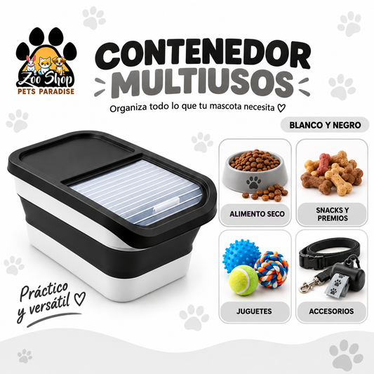 Contenedor Multiusos Para Alimentos y Accesorios de Mascotas - Color blanco y negro
