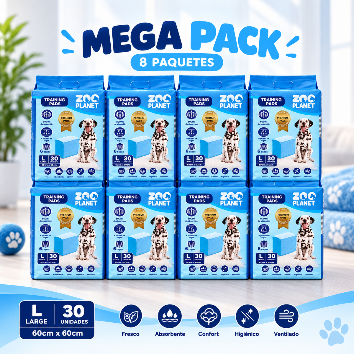 MEGA PACK de Pads 240 unidades Super Absorbentes Zoo Planet - Tamaño L (60 cm x 60cm)