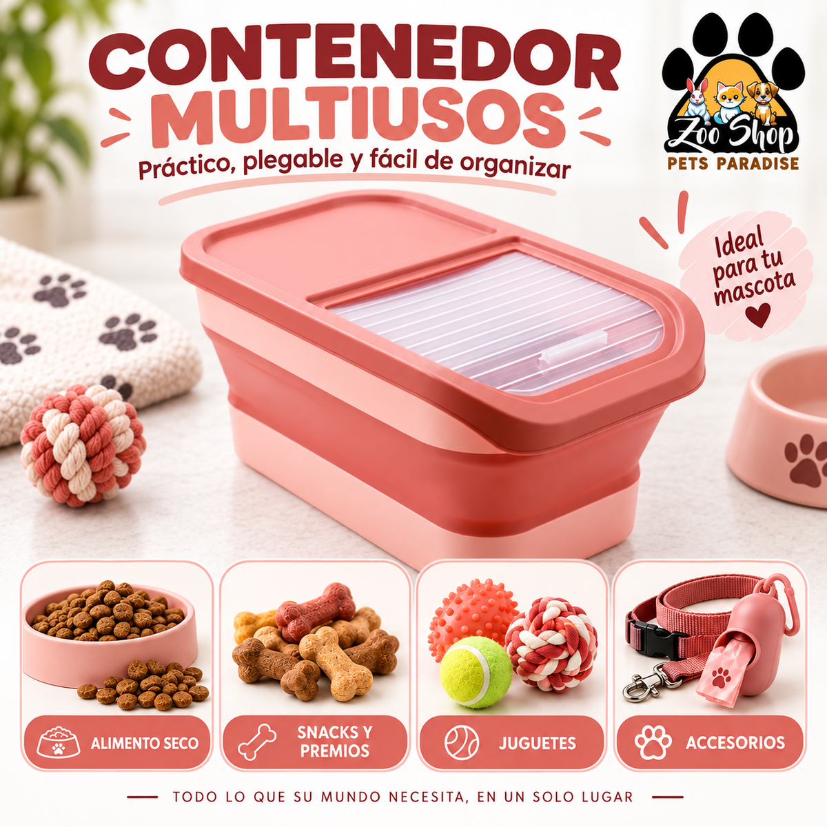 Contenedor Multiusos Para Alimentos y Accesorios de Mascotas - Color rojo salmón