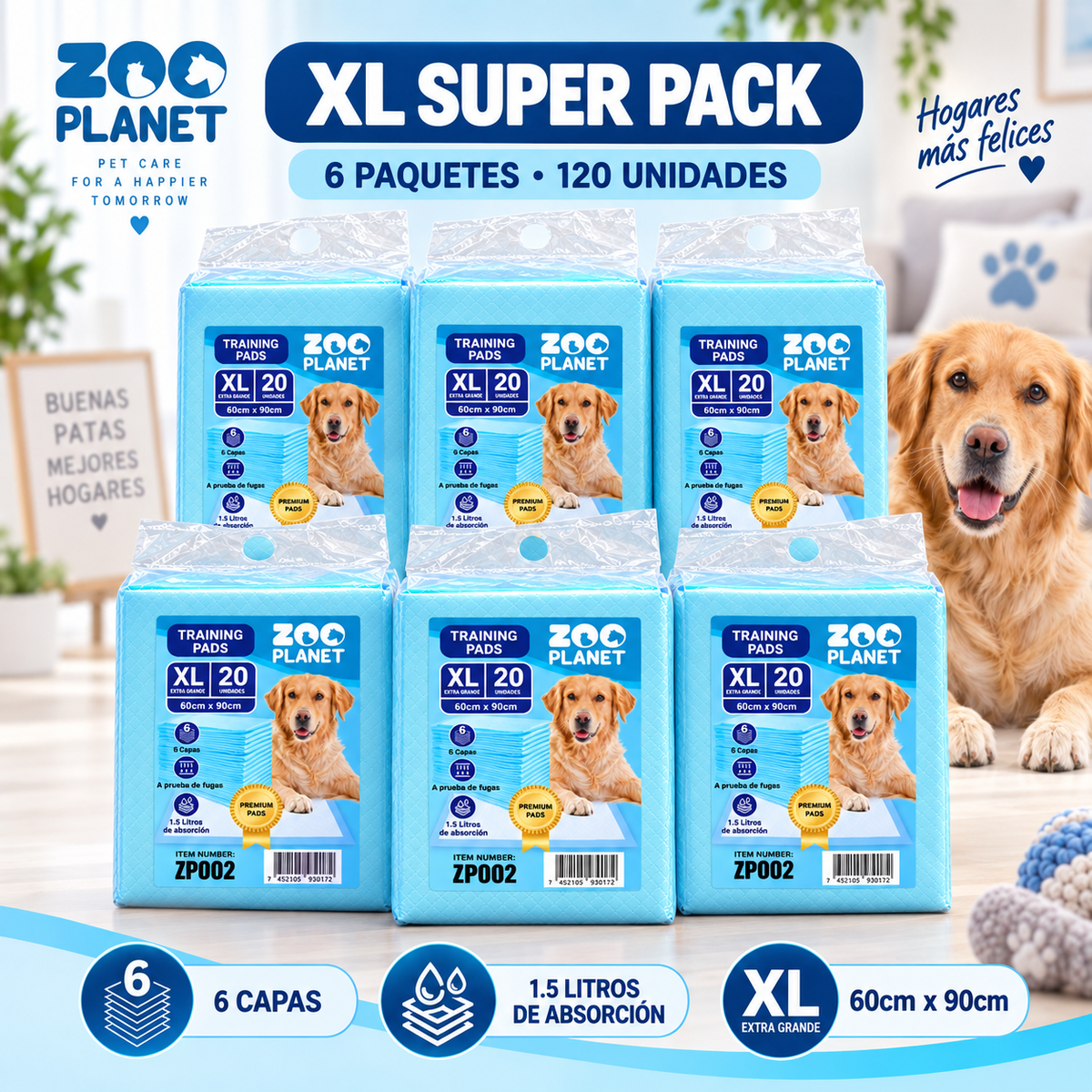 SUPER PACK de Pads 120 unidades Super Absorbentes Zoo Planet - Tamaño XL (90 cm x 60cm)