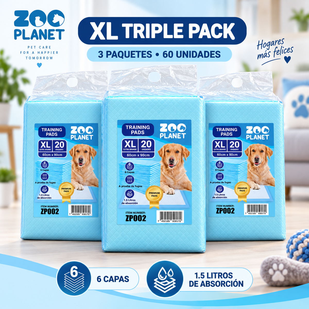 TRIPLE PACK de Pads 60 unidades Super Absorbentes Zoo Planet - Tamaño XL (90 cm x 60cm)